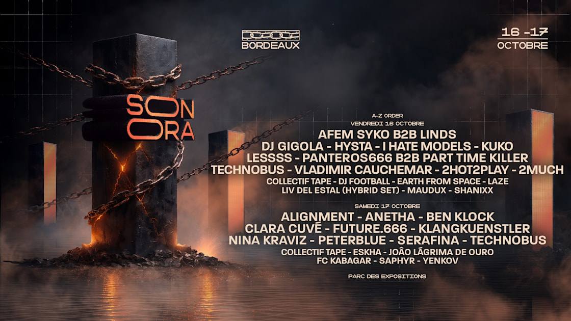 Sonora Bordeaux 2026 : deux hangars et 20 000 m² de techno au Parc des Expositions les 16 et 17 octobre